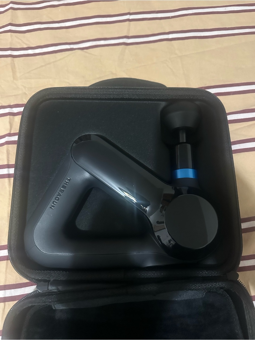 Theragun-Style Black Percussion Massage Gun with Blue Accent